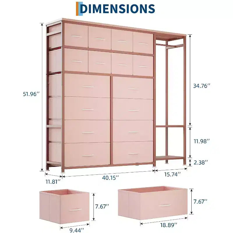 Commode de rangement avec 16 tiroirs, tringle à vêtements et étagères – Sanzelize Design