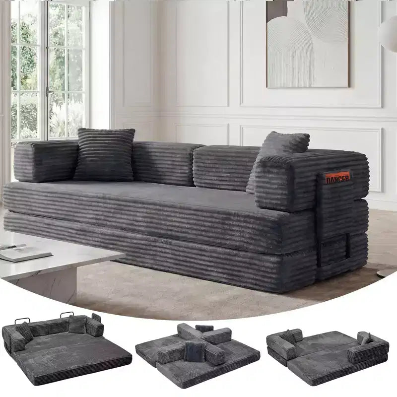 Canapé-lit convertible 5-en-1 de 205 cm – Velours côtelé, charge max. 544 kg, sans assemblage – Sanzelize Design
