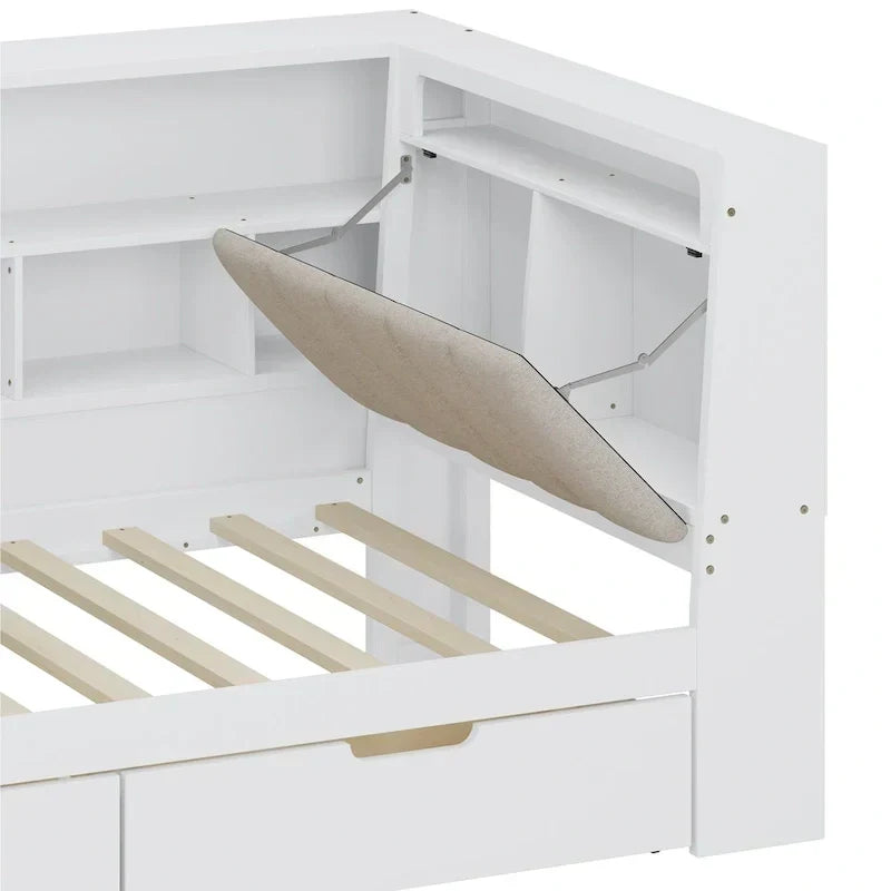 Canapé-lit d'angle en bois en forme de L avec bureau, bibliothèque, lit d'angle avec tiroirs de rangement – Sanzelize Design