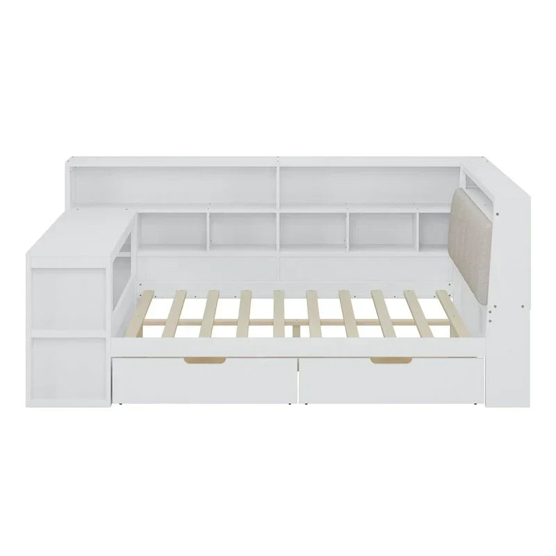 Canapé-lit d'angle en bois en forme de L avec bureau, bibliothèque, lit d'angle avec tiroirs de rangement – Sanzelize Design