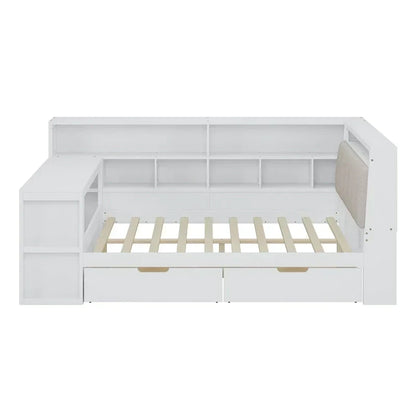 Canapé-lit d'angle en bois en forme de L avec bureau, bibliothèque, lit d'angle avec tiroirs de rangement – Sanzelize Design