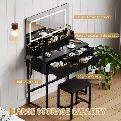 Coiffeuse avec miroir et lumières, miroir lumineux à LED, tiroirs de rangement spacieux pour produits cosmétiques et – Sanzelize Design