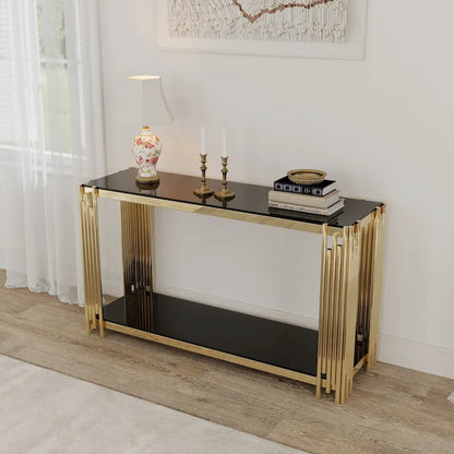 Console étroite à 2 niveaux avec structure en métal doré et plateau en verre trempé – Sanzelize Design