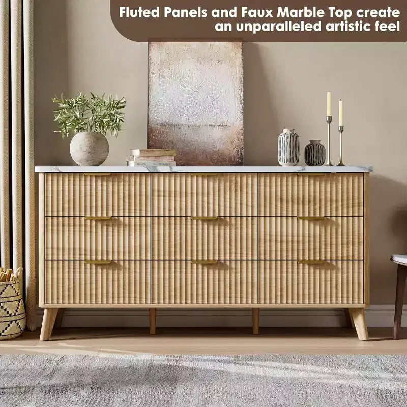 Commode cannelée à 9 tiroirs, commode moderne, meuble TV en bois, design à profil incurvé, pour salon, couloir – Sanzelize Design