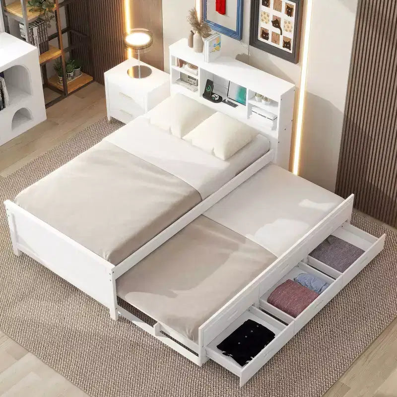 Lit plateforme avec lit gigogne et tiroirs, lit plateforme de rangement avec USB – Sanzelize Design