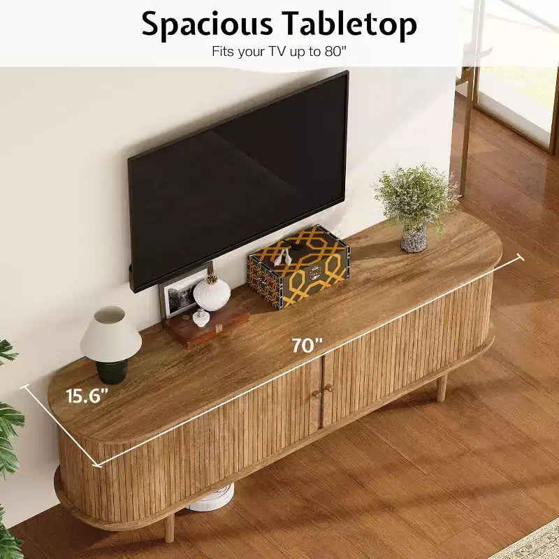 Meuble TV 178 cm avec pieds en bois massif, console TV de style moderne du milieu du siècle avec porte à tambour – Sanzelize Design