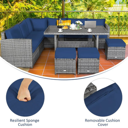 Ensemble de salle à manger 7 pièces en rotin pour terrasse, canapé sectionnel et pouf - Voir détails – Sanzelize Design