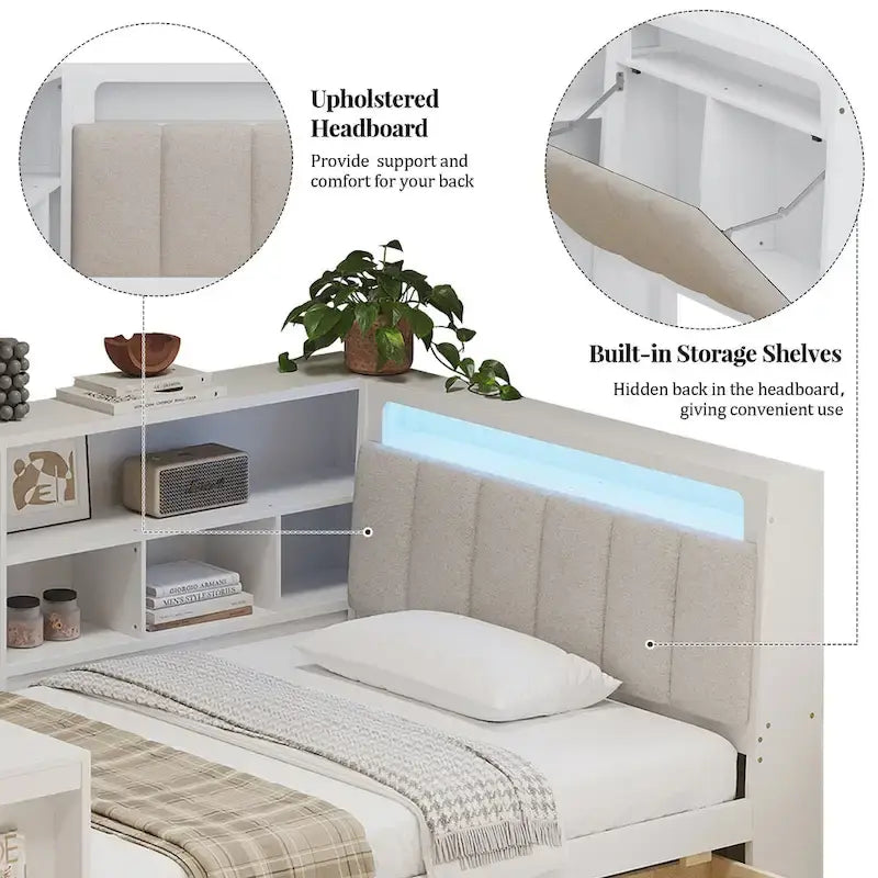 Canapé-lit d'angle en bois en forme de L avec bureau, bibliothèque, lit d'angle avec tiroirs de rangement – Sanzelize Design