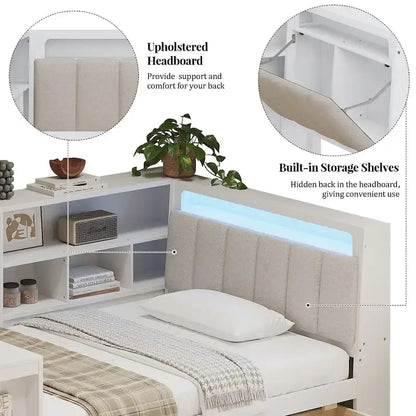 Canapé-lit d'angle en bois en forme de L avec bureau, bibliothèque, lit d'angle avec tiroirs de rangement – Sanzelize Design