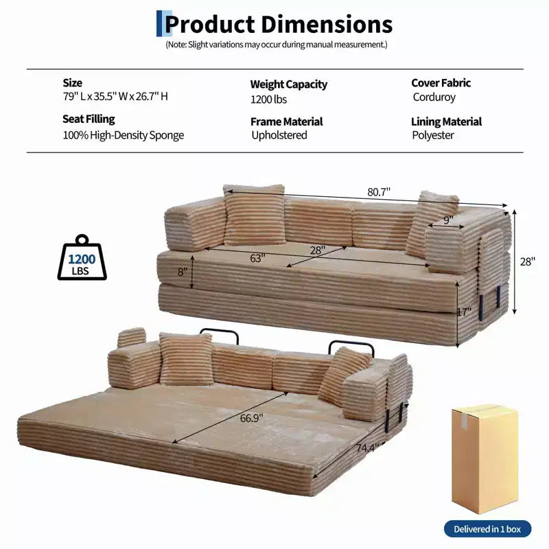 Canapé-lit convertible 5-en-1 de 205 cm – Velours côtelé, charge max. 544 kg, sans assemblage – Sanzelize Design