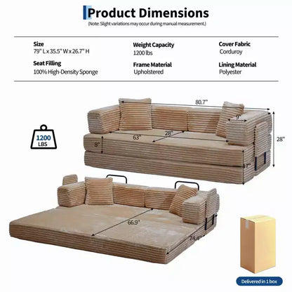 Canapé-lit convertible 5-en-1 de 205 cm – Velours côtelé, charge max. 544 kg, sans assemblage – Sanzelize Design