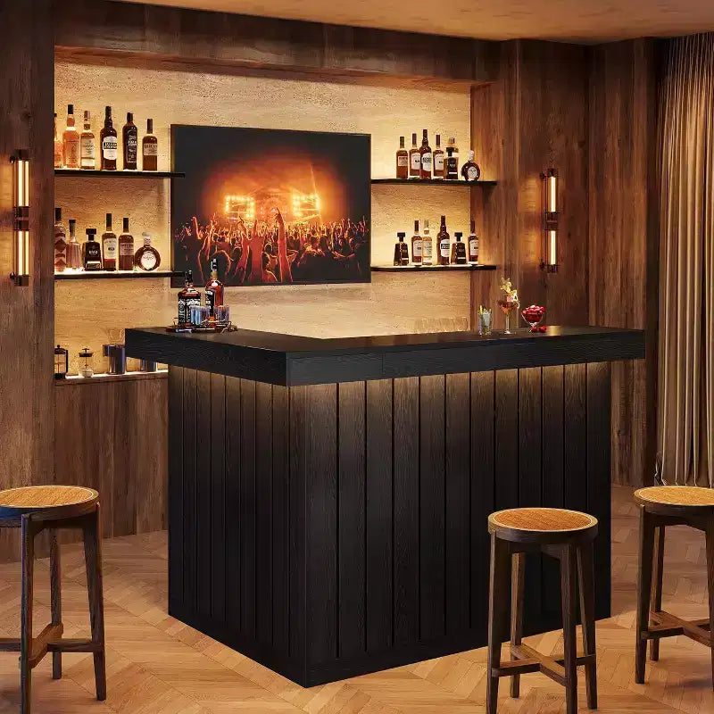 Bar de salon en L, bar à liqueurs d'angle à 4 niveaux avec étagères de rangement et porte-verres à vin pour pub à – Sanzelize Design