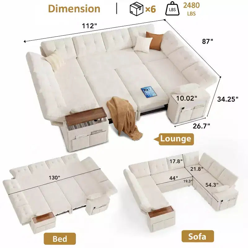 Canapé modulaire 284 cm convertible avec lit gigogne, canapé d'angle en U avec rangement – Sanzelize Design