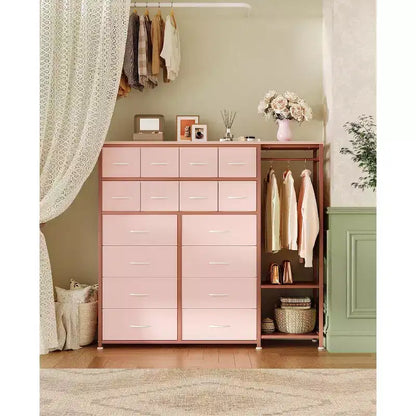 Commode de rangement avec 16 tiroirs, tringle à vêtements et étagères – Sanzelize Design