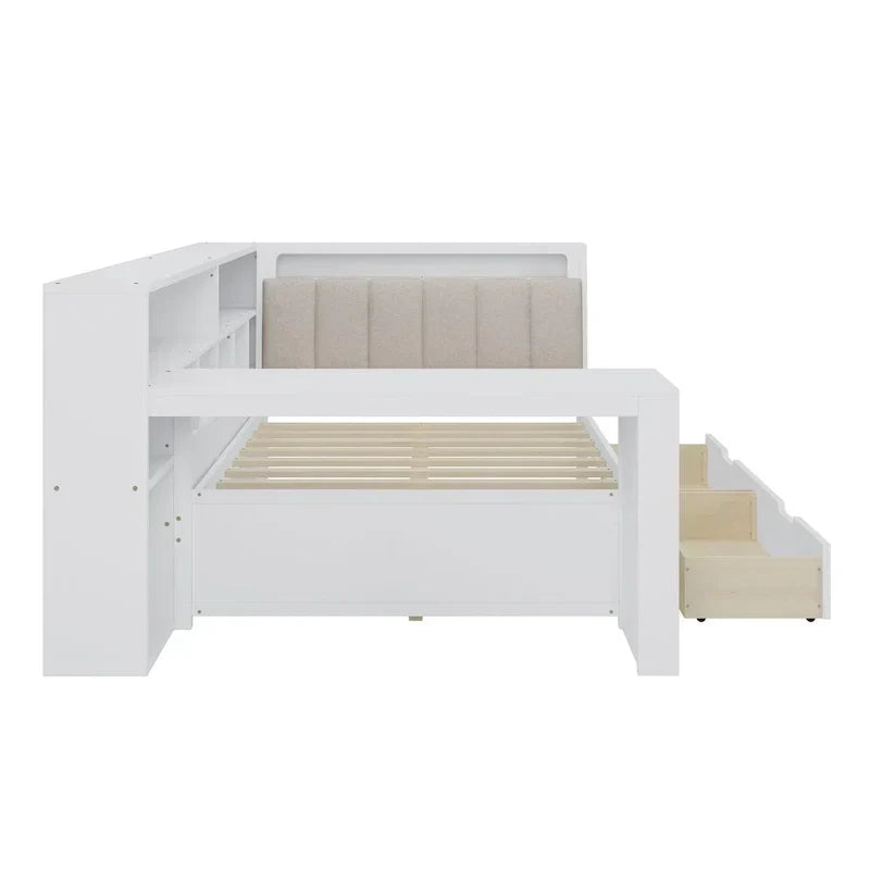 Canapé-lit d'angle en bois en forme de L avec bureau, bibliothèque, lit d'angle avec tiroirs de rangement – Sanzelize Design