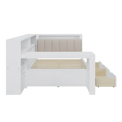 Canapé-lit d'angle en bois en forme de L avec bureau, bibliothèque, lit d'angle avec tiroirs de rangement – Sanzelize Design