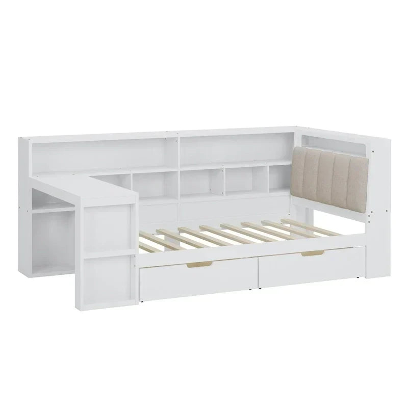 Canapé-lit d'angle en bois en forme de L avec bureau, bibliothèque, lit d'angle avec tiroirs de rangement – Sanzelize Design
