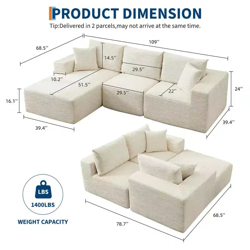 Canapé moderne 274 cm, canapé 3 places rembourré en forme de L avec oreillers, canapé à assise profonde – Sanzelize Design
