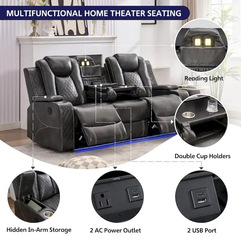 Canapé inclinable électrique avec chargeur sans fil, liseuse pour salon, lumière LED en similicuir, port AC/USB – Sanzelize Design