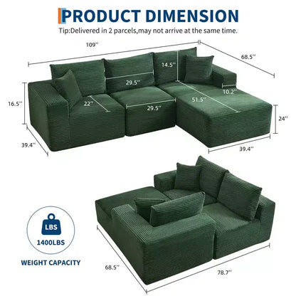 Canapé moderne 274 cm, canapé 3 places rembourré en forme de L avec oreillers, canapé à assise profonde – Sanzelize Design