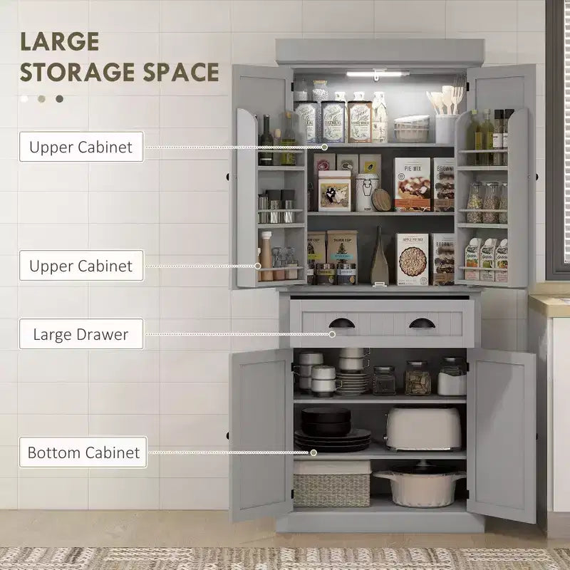 Garde-manger de cuisine de 180 cm avec lumières DEL, 6 tablettes de porte, un tiroir et 4 tablettes réglables – Sanzelize Design