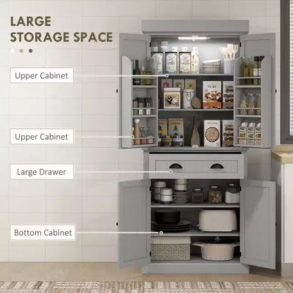 Garde-manger de cuisine de 180 cm avec lumières DEL, 6 tablettes de porte, un tiroir et 4 tablettes réglables – Sanzelize Design