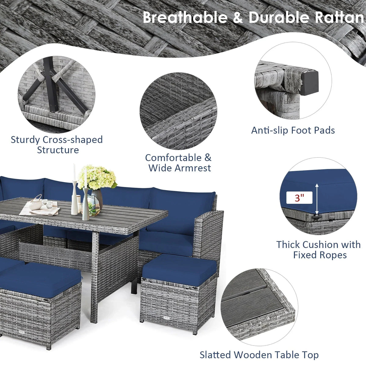 Ensemble de salle à manger 7 pièces en rotin pour terrasse, canapé sectionnel et pouf - Voir détails – Sanzelize Design