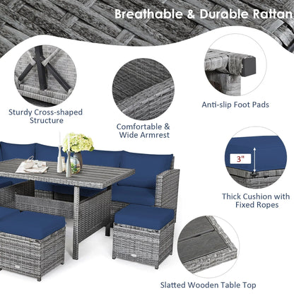 Ensemble de salle à manger 7 pièces en rotin pour terrasse, canapé sectionnel et pouf - Voir détails – Sanzelize Design
