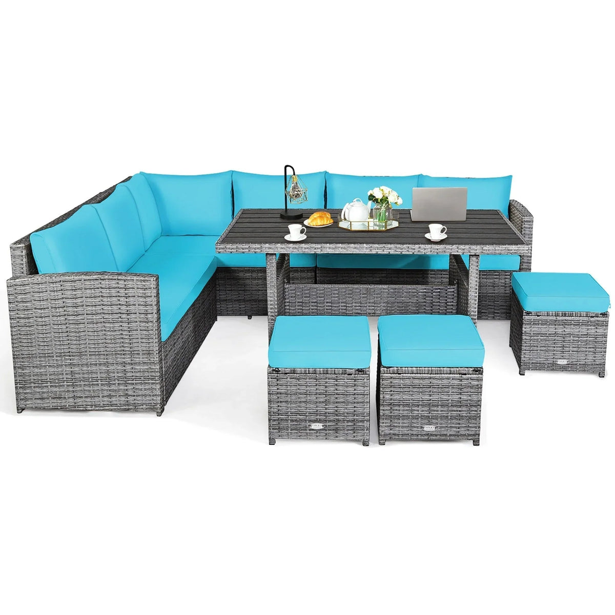 Ensemble de salle à manger 7 pièces en rotin pour terrasse, canapé sectionnel et pouf - Voir détails – Sanzelize Design