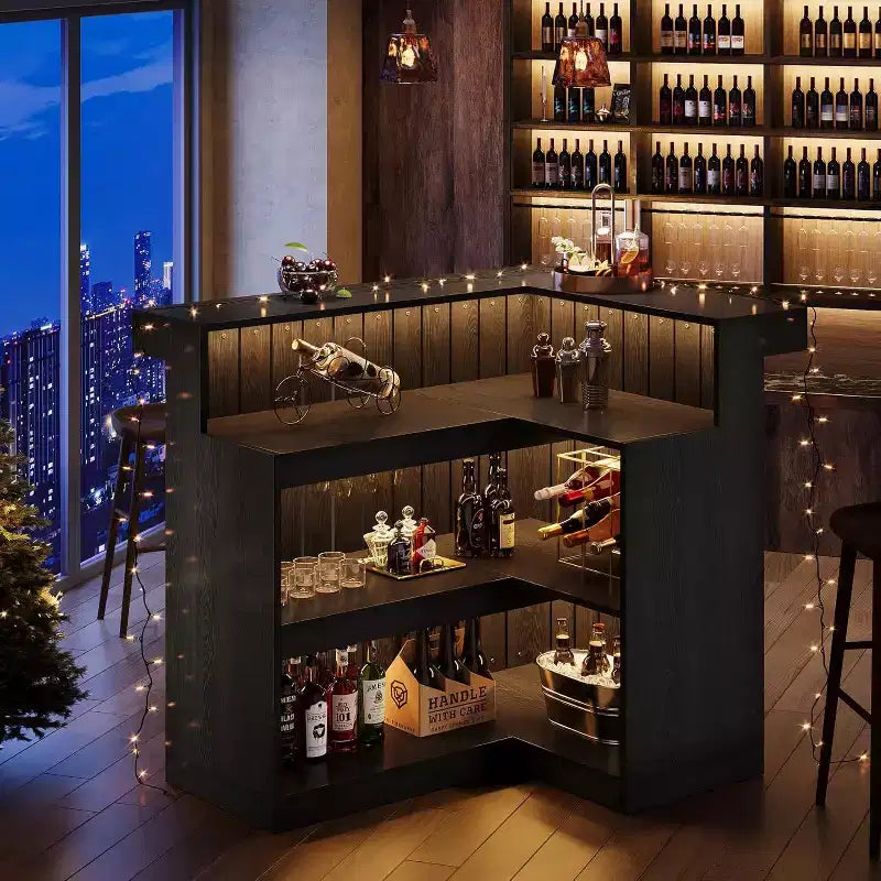 Bar de salon en L, bar à liqueurs d'angle à 4 niveaux avec étagères de rangement et porte-verres à vin pour pub à – Sanzelize Design