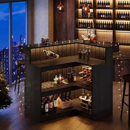 Bar de salon en L, bar à liqueurs d'angle à 4 niveaux avec étagères de rangement et porte-verres à vin pour pub à – Sanzelize Design