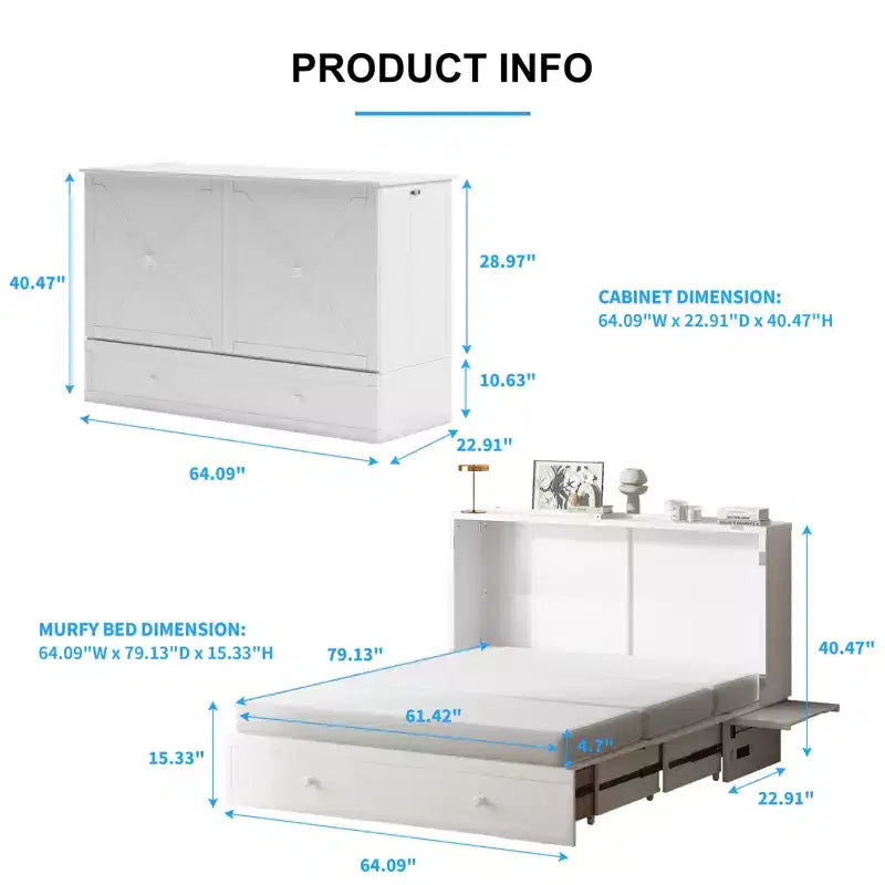 Lit escamotable Murphy 152 x 203 cm, lit coffre Cube avec station de charge et espace de rangement – Sanzelize Design