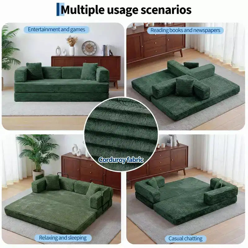 Canapé-lit convertible 5-en-1 de 205 cm – Velours côtelé, charge max. 544 kg, sans assemblage – Sanzelize Design