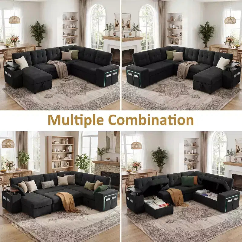 Canapé modulaire 284 cm convertible avec lit gigogne, canapé d'angle en U avec rangement – Sanzelize Design