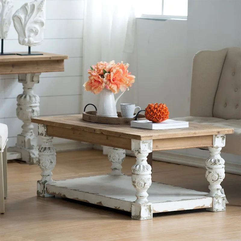 Table basse rectangulaire en bois blanc vieilli – Sanzelize Design