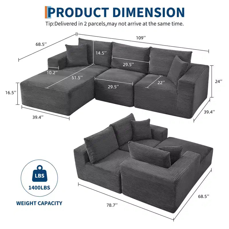 Canapé moderne 274 cm, canapé 3 places rembourré en forme de L avec oreillers, canapé à assise profonde – Sanzelize Design