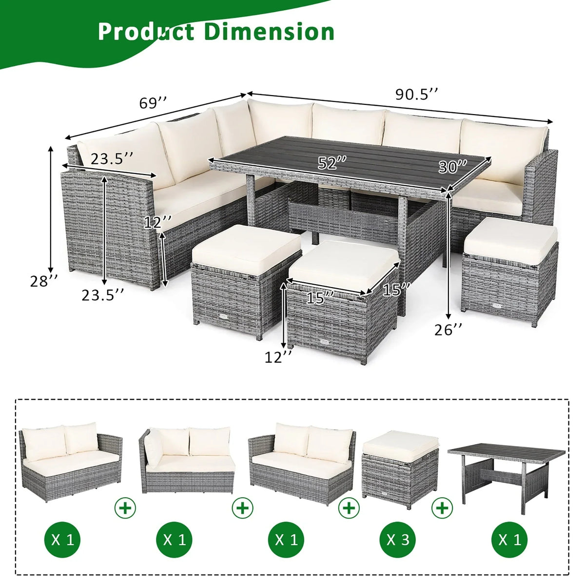 Ensemble de salle à manger 7 pièces en rotin pour terrasse, canapé sectionnel et pouf - Voir détails – Sanzelize Design