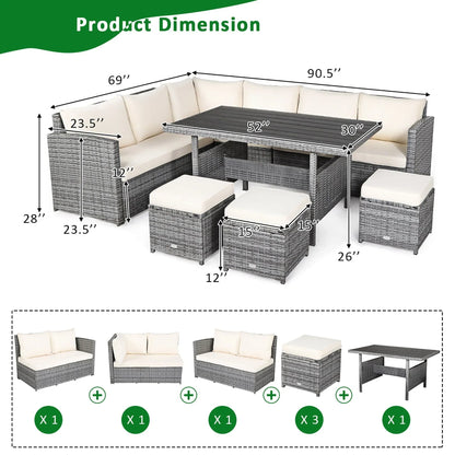 Ensemble de salle à manger 7 pièces en rotin pour terrasse, canapé sectionnel et pouf - Voir détails – Sanzelize Design