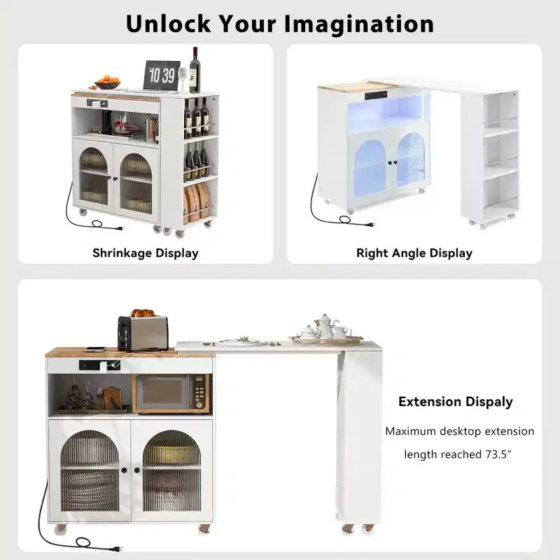 Îlot de cuisine roulant avec 2 portes en verre, Desserte de cuisine avec table extensible et prises de courant – Sanzelize Design