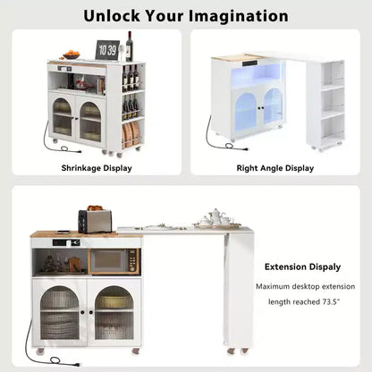 Îlot de cuisine roulant avec 2 portes en verre, Desserte de cuisine avec table extensible et prises de courant – Sanzelize Design
