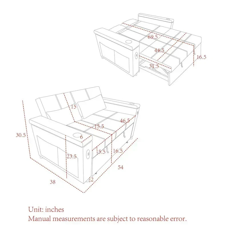 Canapé-lit gigogne 137 cm, canapé-lit inclinable 2 places avec rangement, oreiller lombaire, prise USB – Sanzelize Design