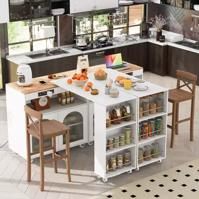 Îlot de cuisine roulant avec 2 portes en verre, Desserte de cuisine avec table extensible et prises de courant – Sanzelize Design