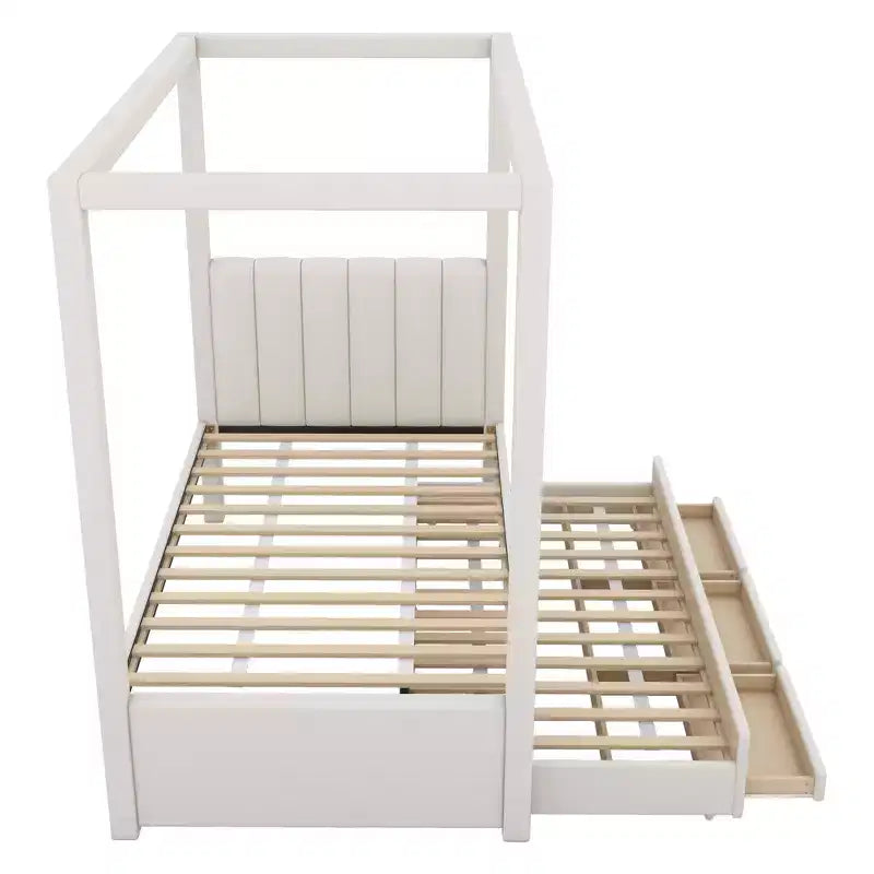 Lit à plateforme à baldaquin tapissé de lin 137 x 191 cm avec lit gigogne et trois tiroirs de rangement – Sanzelize Design