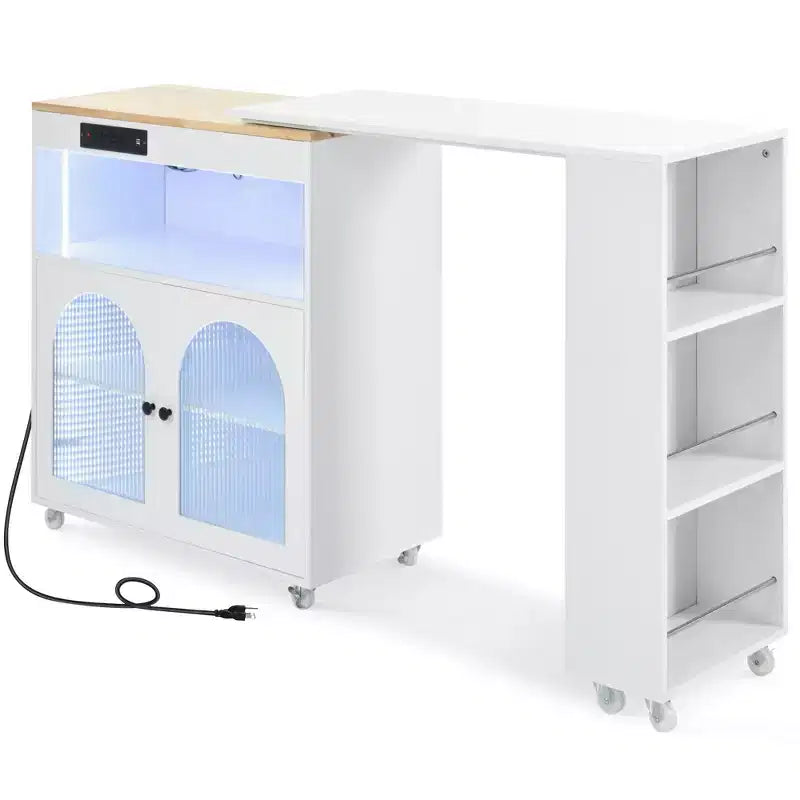 Îlot de cuisine roulant avec 2 portes en verre, Desserte de cuisine avec table extensible et prises de courant – Sanzelize Design