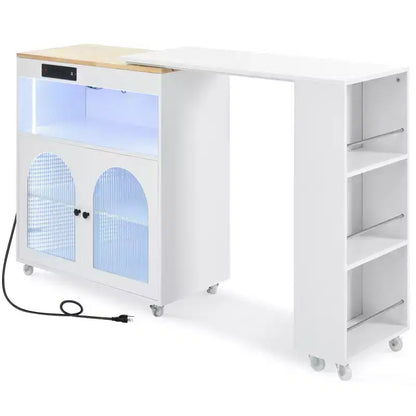 Îlot de cuisine roulant avec 2 portes en verre, Desserte de cuisine avec table extensible et prises de courant – Sanzelize Design