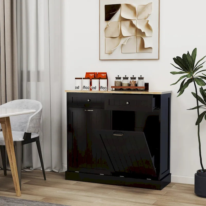 Meuble de cuisine à poubelle basculante à deux tiroirs et deux compartiments - Noir – Sanzelize Design