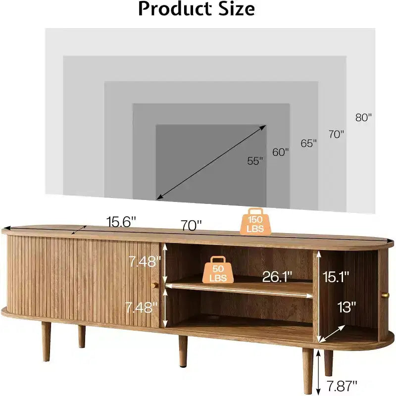 Meuble TV 178 cm avec pieds en bois massif, console TV de style moderne du milieu du siècle avec porte à tambour – Sanzelize Design