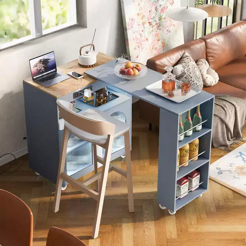 Îlot de cuisine roulant avec 2 portes en verre, Desserte de cuisine avec table extensible et prises de courant – Sanzelize Design