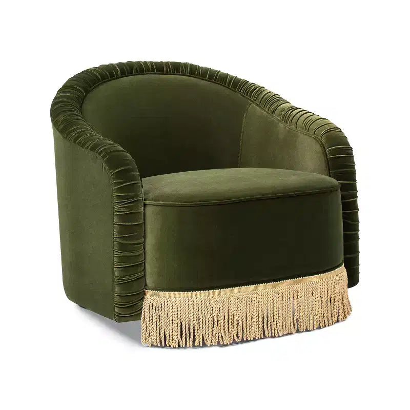 Serena fauteuil d'appoint avec dossier capitonné et franges, velours performant vert olive, 80 cm – Sanzelize Design