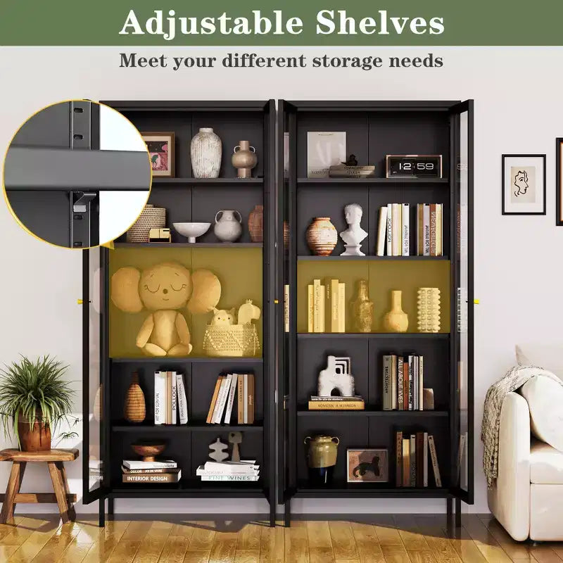 Vitrine 170 cm en Verre à 3 Côtés avec Lumières LED, Rangement à 5 Niveaux avec Double Porte et Cadre Métallique pour – Sanzelize Design